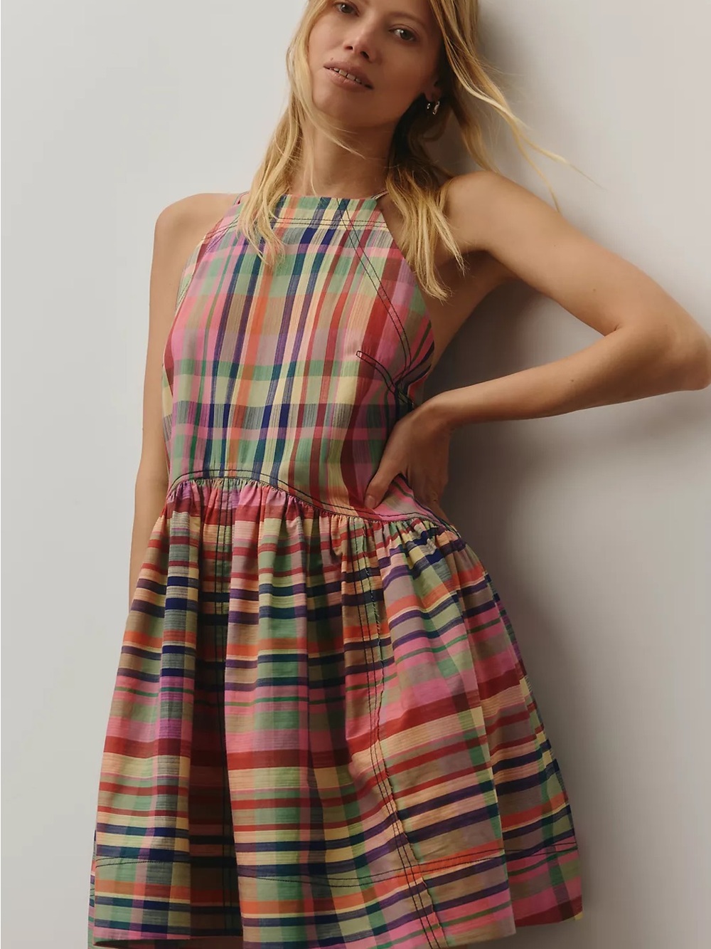 Pilcro Kyla Flounce Dress Mini Multicolor Plaid Halter Mini Sleeveless Stripes